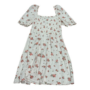 New Look Dress Womens 8 White Pink Floral Puff Sleeve Smocked Cotton Midi A-Line
